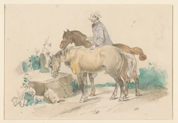 Agricultor com dois cavalos perto de um bebedouro de água