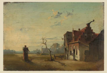 Paisagem com casa de fazenda e bomba de água