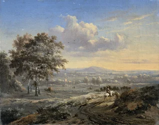 Paisagem montanhosa com um cavaleiro numa estrada rural