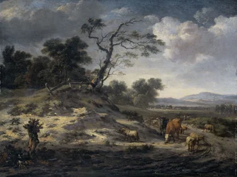 Paisagem com gado numa estrada rural