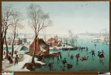 Dezembro, patinadores num lago gelado