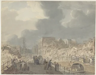 Vista das ruínas do Rapenburg em Leiden após a explosão do navio de pólvora em 12 de Janeiro de 1807