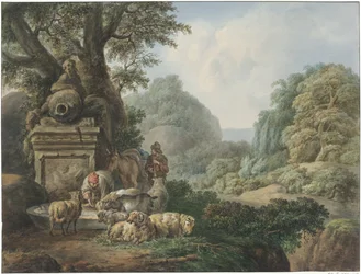Paisagem com pastores em um charco