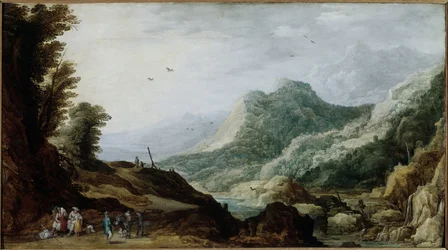 Paisagem de montanha com uma família de camponeses à beira da estrada (Pintura, ca. 1620-1630)