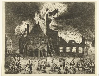 O Incêndio na Antiga Prefeitura de Amsterdã, 1652 Representação dos antigos Stadthuys queimados em Amsterdã em 7 de julho de 1652