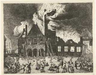O Incêndio na Antiga Prefeitura de Amsterdã, 1652 Representação dos antigos Stadthuys queimados em Amsterdã em 7 de julho de 1652