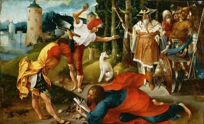 Le martyr de saint Mathias - O Martírio de Saint Matthias, de De Beer, Jan (ca. 1475-1528). Óleo sobre madeira, ca. 1510-1515. Dimensão : 25,4x41,5 cm. Museu de História de Arte, Vienne