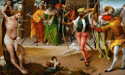 O Martírio de São Sebastião - Jan De Beer (ca. 1475-1528). Óleo sobre madeira, c. 1510. Dimensão : 25,5x41,5 cm. Museu de História de Arte, Vienne