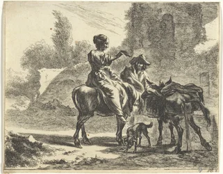 Pastores e burros em um bebedouro Paisagens com Pastores e Gado (título da série)