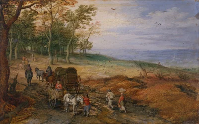Uma paisagem arborizada com viajantes (óleo sobre cobre)
