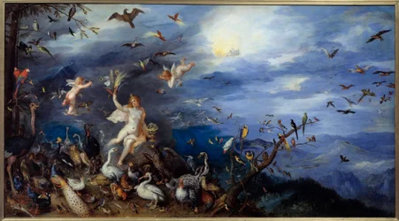 Alegoria do ar. Jovem mulher nua rodeada por todas as espécies de aves. Pintura de Jan Bruegel, o Velho, chamado Bruegel de Velours (Brueghel ou Breughel)