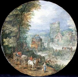 Uma extensa paisagem arborizada com cidade, moinho e camponeses