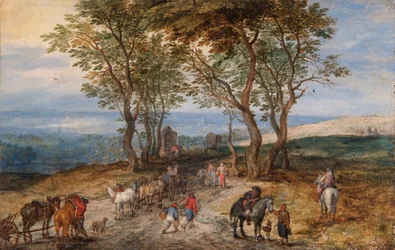 Cena de Estrada do País com Números: Um homem a rezar num Santuário, c.1610 (óleo sobre cobre)