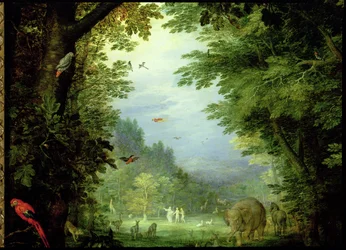 A Terra ou o Paraíso terrestre, pormenor de Adão e Eva com Deus e outros animais, 1607-08, pormenor de 93899