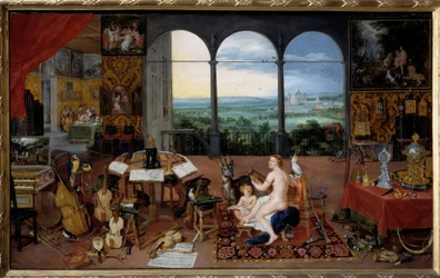 Audição. Alegoria dos cinco sentidos Pintura de Jan I Brueghel Dit De Velours (1568-1625) Ec. Flam