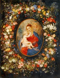 A Virgem, o Menino Jesus e os anjos no meio de uma grinalda de flores. Medalhão de Rubens ...