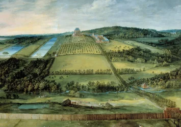 Paisagem com o Chateau Mariemont Chateau agora localizado perto de Bruxelas. Pintura de Jan Brueghel O Ancião (ou virilha ou velho), chamado Brueghel de Velours (1568-1625)