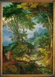 Paisagem de montanha com a tentação de Cristo (pintura sobre madeira de carvalho)