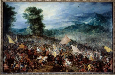 A Batalha de Arbels (ou Issos) Alexandre o Grande (356-323 AC) e seu exército durante a Batalha de Issos, durante a qual o rei macedônio derrotou Darios (Dario) III, o último rei da dinastia Rouenid, em 333 AC. JC. Pintura de Jan Breugel Le Vieux c