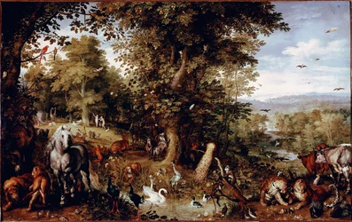O paraíso eterno. Todos os animais da criação representados aos pares. Pintura de Jan Bruegel (ou Breugel ou Brueghel ou Breughel) o Velho, conhecido como Bruegel de Veludo (1568-1625). Roma, Galleria Doria Pamphilj
