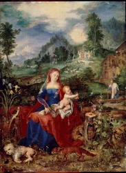 A Sagrada Família com animais virgens folheando um livro, e segurando o menino Jesus, rodeado por um cão, raposa, pássaros, caranguejo, coruja, papagaio; rã, caracol e íris. Pintura de Jan Breugel o Ancião chama Bruegel de Velours (Brueghel ou Breughel