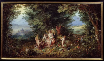 Os quatro elementos: "A Terra" Alegoria. Vista do Paraíso Terrestre. Pintura de Jan Breugel Le Vieux chama Bruegel de Velours (Brueghel ou Breughel