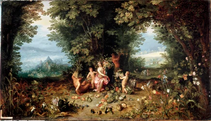 Os quatro elementos: "A Terra" Alegoria. Vista do Paraíso Terrestre com frutas, legumes, flores e animais (incluindo porquinho-da-índia (hamster)) Pintura de Jan Breugel Le Vieux chama Bruegel de Velvet (Brueghel ou Breughel