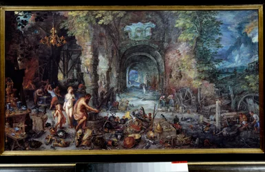 Os quatro elementos: "O Fogo" Alegoria. Venha e Vulcano no ferreiro, fazendo armas para o seu filho Enee. À sua volta ferreiros e ourives trabalham em armaduras, armas, vasos, jóias, copos, pratos e caldeirões. Pintura de Jan Breugel Le V