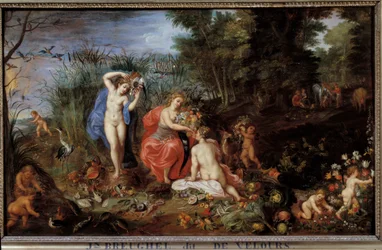 Os quatro elementos Três graças representadas numa paisagem florestal, com legumes (couve, abóbora, alcachofra, cenoura, pimento) frutas (ameixas, romãs, pêssegos) peixes, mariscos. Pintura de Jan Breugel Le Vieux chama Bruegel de Velours (Brueghel o