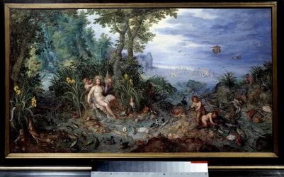 Os quatro elementos: "Água" Alegoria. Mulher jovem com patos, peixes. Pintura de Jan Breugel Le Vieux chama Bruegel de Velours (Brueghel ou Breughel