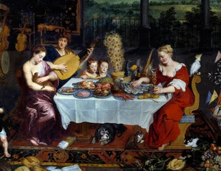 O sabor. Detalhe representando uma refeição de frutos do mar, aves na presença de músicos. Pintura de Jan Breugel Le Vieux chama Bruegel de Velours (Brueghel ou Breughel