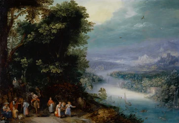Vale do rio arborizado com estrada, c.1602
