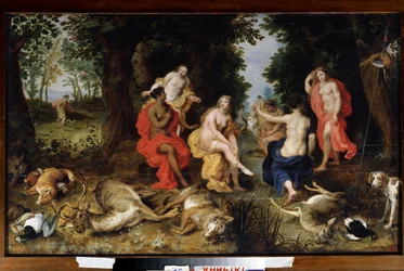 O Descanso de Diana na Caça Os animais (lobo, veado, raposa) mortos pela deusa da caça jazem no chão, enquanto ela descansa cercada por ninfas. Pintura de Jan Breugel, o Velho, chamada Bruegel de Velours (Br.