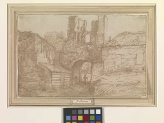 The Outer Gate Of The Ruins Of The Brederode Castle (caneta e tinta castanha em papel branco)