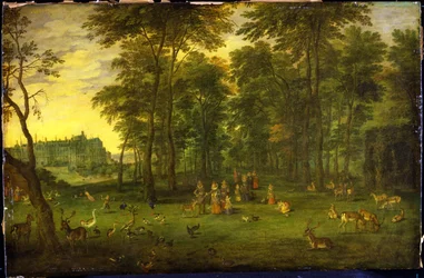 Arquiduque Albrecht VII da Áustria e Arquiduquesa Isabella Clara Eugenia andando no parque do castelo real em Bruxelas, 1621