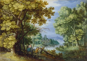 Paisagem florestal com fuga para o Egipto, c.1620 -50 (óleo sobre cobre)