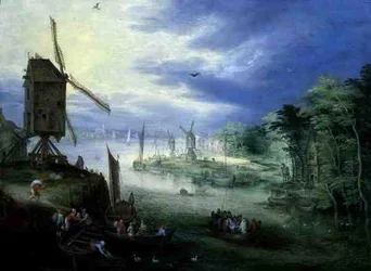 Paisagem do rio com moinhos de vento (óleo sobre painel)