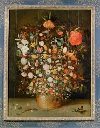 Natureza-morta:Um ramo de flores num vaso de madeira (pintura sobre tela)