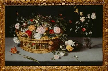 Natureza morta com cesto e vaso de flores (óleo sobre tela)