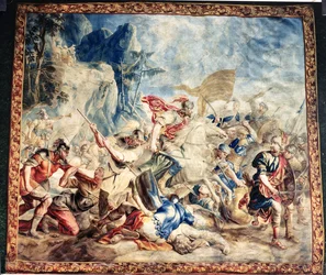 A Batalha dos Israelitas e Amelikitas, da oficina de Frans e Pieter van der Borcht (tapeçaria de seda)