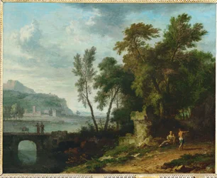 Paisagem animada com ruínas e ponte ...