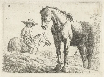Um cavalo, um homem a cavalo em segundo plano