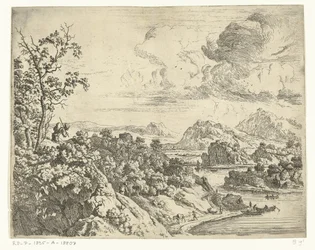 Paisagem do rio com um homem de terno nas costas Paisagens do Reno (título da série)