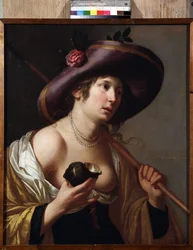 "Retrato de Granida" A personagem de Granida com uma concha que utiliza para beber a água que lhe foi dada pelo pastor Daifilo. Baseado na pintura "Granida" de Pieter Corneliszoon Hooft. Pintura de Jan van Bylert (1598-1671) Museu de Colecções