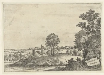 Paisagem com dois homens numa estrada de terra e vista de uma aldeia
Paisagens (título da série)