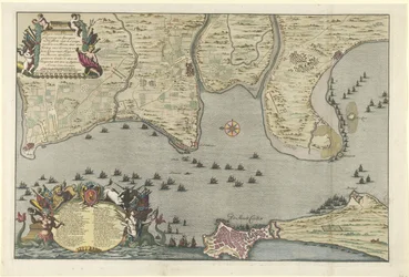 Mapa do desembarque e expedição dos Aliados em Cádis, 1702
Placa do Dissante ou Landing em Espanhol ao largo de Cadixen com os Campings e Marselha pelo Duque de Ormont e o Major-General e Barão de Spar fez Ceedert den 26 de Agosto a
