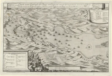 Batalha naval na Baía de Vigo e a captura da frota prateada espanhola, 1702
Mapa dos desembarques na baía de Vigos e a captura de dois castelos e a captura da frota de prata espanhola ancorada na baía em frente ao Redondella den