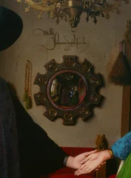 Arnolfini Casamento, detalhe do espelho, 1434 óleo no painel