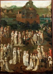 Sociedade de corte em frente a um castelo da Borgonha (óleo sobre madeira)