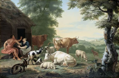 Paisagem árcade com pastores e gado
